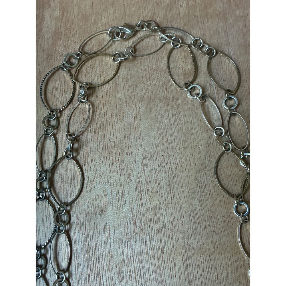Long Silver Tone Open Link Necklace Convertible Double Strand Textured Oval - Picture 4 of 5